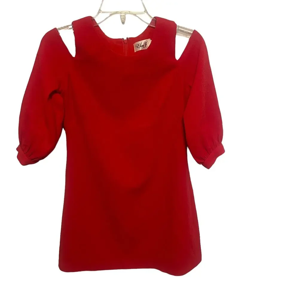 Eliza J. Red Crepe Cold Shoulder Dress Women's Size 4 Petite Casual Jewel Neck - Picture 2 of 10